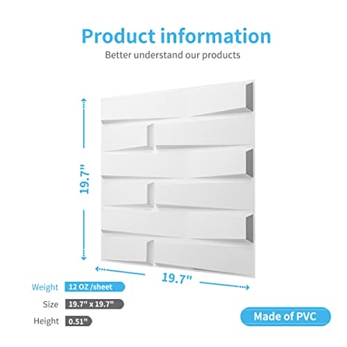 Art3d Decorative 3D PVC Wall Panel for Interior Décor, 12-Pack 19.7 x 19.7 in. White MEGA