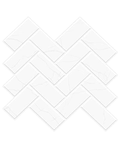 Art3d White Marble Herringbone Peel and Stick Backsplash Tiles (10 Tiles, Thicker Version) MEGA