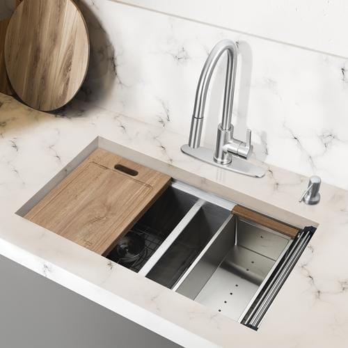 Sheffield Home Kitchen Sink Set, Ideally for cabinet installation and use in a professional kitchen. It includes wooden cutting board, steel strainer, roll-up drying rack, two lid locks.  - 427157