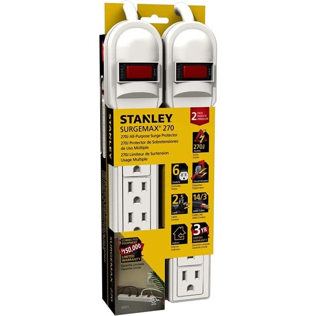 Stanley 2pack SurgeMax 6 Outlet 2.5ft White It's a simple way to safeguard your electronics from power spikes, which can cause severe damage-33211