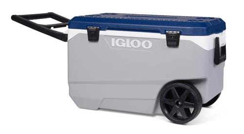 Igloo Maxcold Roller Cooler 90 Qt, with folding handle wheels in ash gray and blue, easy to transport - 450603 ebuystt