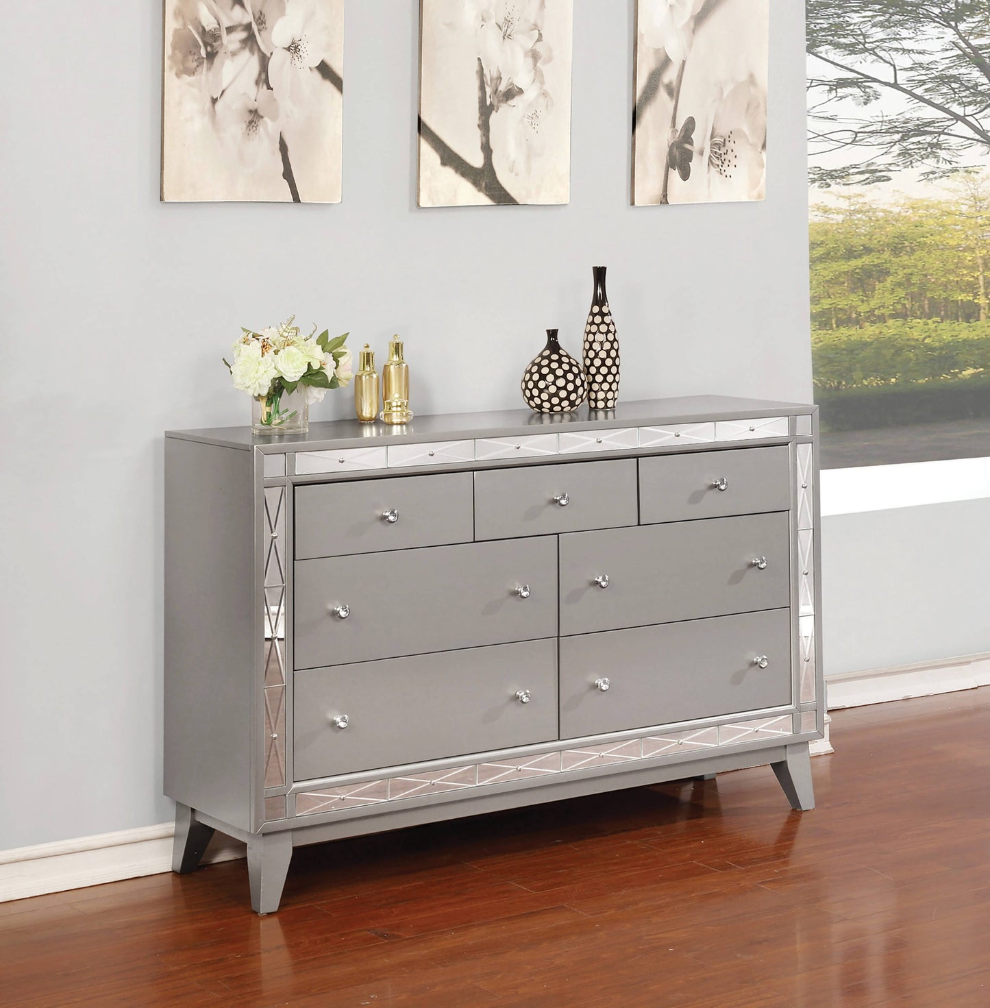 Leighton 7-Drawer Dresser Metallic Mercury Collection: This Stunning Dresser Instantly Dresses Up A Bedroom, Spacious Drawers Allow Plenty Of Space To Store. Leighton SKU: 204923 coastmega