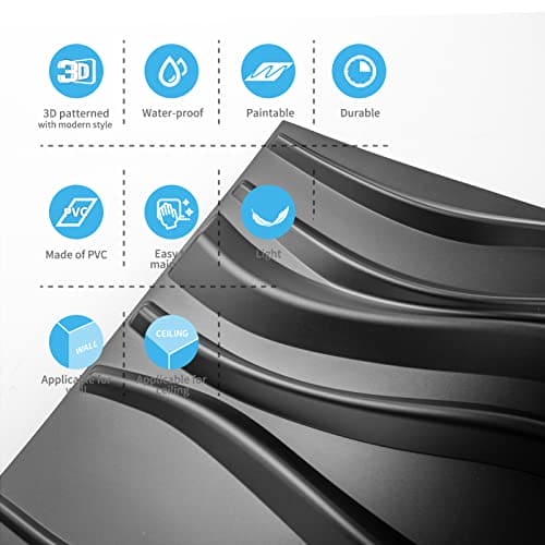 Art3d PVC 3D Panel for Interior Wall Decor, Wavy Textured Tile, 12-Pack 19.7 x 19.7in. Black MEGA