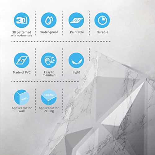Art3d Textures 3D Wall Panels Glossy White Marble Diamond Design for Interior Wall Decor Pack of 12 Tiles 32 Sq Ft (PVC) MEGA