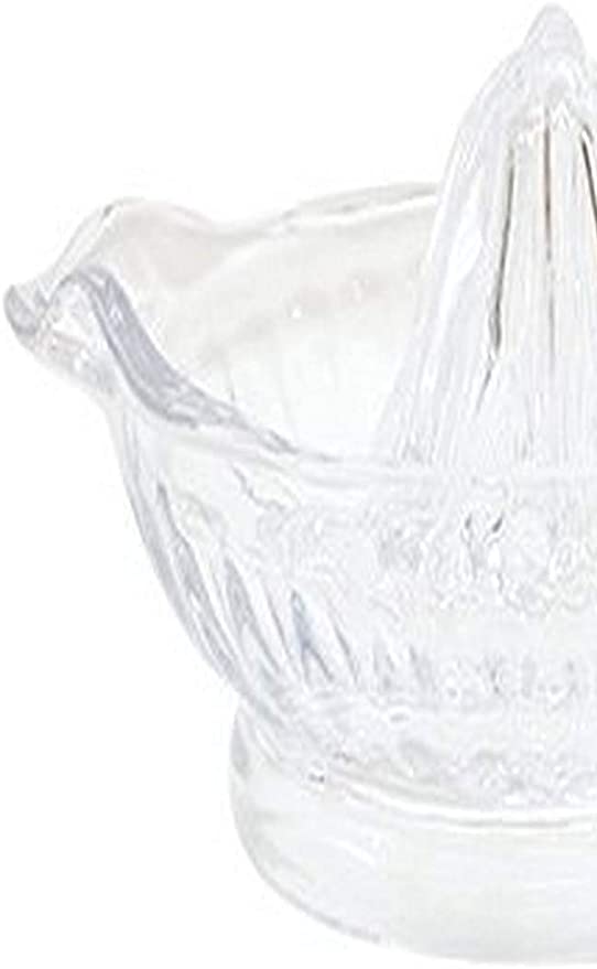 Tablecraft Glass Juicer, Clear Measures 6 inch diameter Easy to clean, dishwasher safe Dimensions: 8.5 x 6 x 3.25 When life hands you lemons, grab TableCrafts glass juicer with handle, and make lemonade-H223