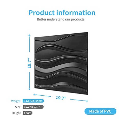 Art3d PVC 3D Panel for Interior Wall Decor, Wavy Textured Tile, 12-Pack 19.7 x 19.7in. Black MEGA