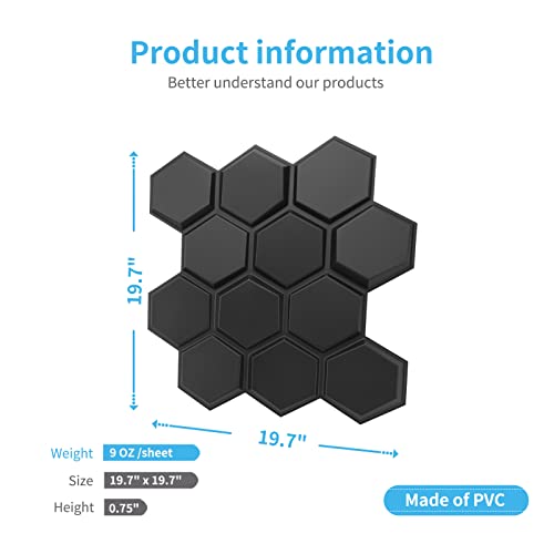 Art3d Textures 3D Wall Panels Black Hexagon Design Pack of 12 Tiles 25.5 Sq Ft (PVC) MEGA