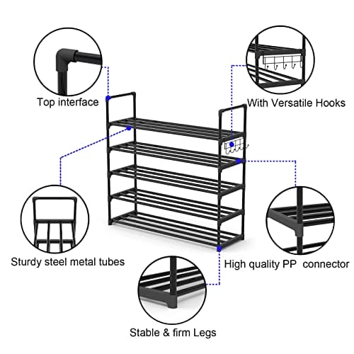 Hsscblet 5 Tiers Metal Shoe Rack,Adjustable Shoe Shelf Storage Organizer with Hooks,Stackable Boot & Shoe Storage,for Entryway,Hallway,Closet,Black Hsscblet