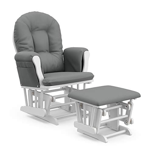 Storkcraft Premium Hoop Glider and Ottoman (White Base, Gray Cushion) – Padded Cushions with Storage Pocket, Smooth Rocking Motion, Easy to Assemble, Solid Hardwood Base EBUYSTT