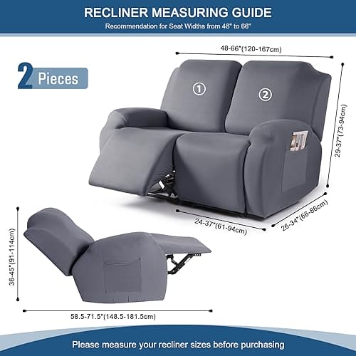 TAOCOCO Recliner Loveseat Slipcover, 2 Pieces Polyester Fabric Stretch Sofa Covers for 2 Seat Reclining Couch, Soft Washable Furniture Protector with Pockets (2 Seat, Light Gray) ebuys