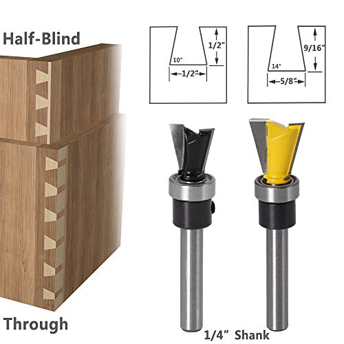 Yakamoz 2Pcs 1/4 Inch Shank Dovetail Joint Router Bits with Bearing Guide Dovetail Jig Bit for Furniture Building Cabinet Making Woodworking Cutter Tools YAKAMOZ