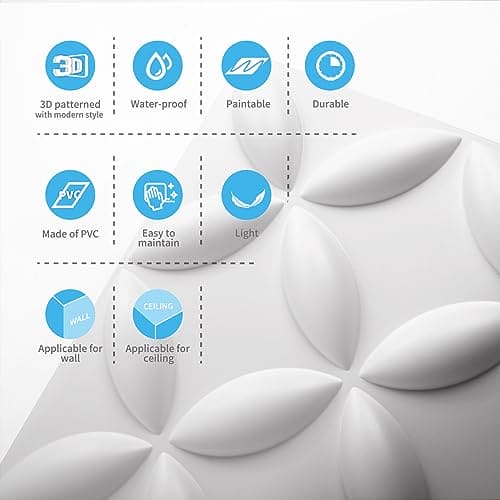 Art3d Textures 3D Wall Panels, PVC Wall Panels for Interior Wall Decor Pack of 12 Tiles 32 Sq Ft, White, 19.7"x19.7" MEGA