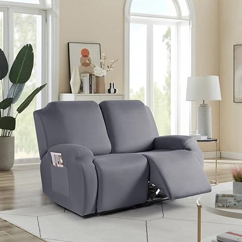 TAOCOCO Recliner Loveseat Slipcover, 2 Pieces Polyester Fabric Stretch Sofa Covers for 2 Seat Reclining Couch, Soft Washable Furniture Protector with Pockets (2 Seat, Light Gray) ebuys