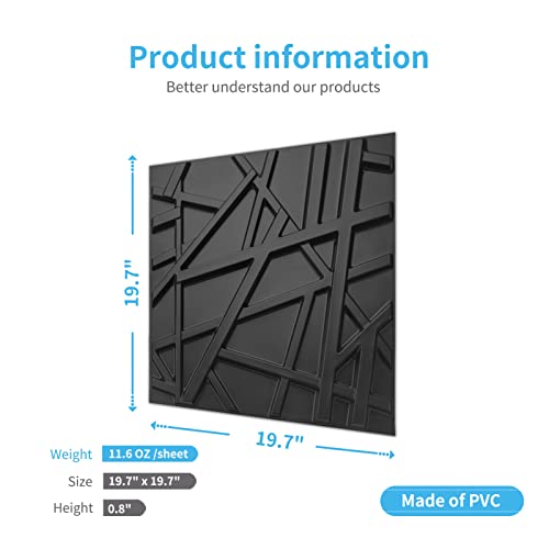 Art3d PVC Decorative Textures Black 3D Wall Panels for Interior Wall Décor, Black Wall Decor,Pack of 12 Tiles 32 Sq Ft MEGA
