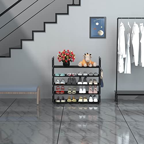 Hsscblet 5 Tiers Metal Shoe Rack,Adjustable Shoe Shelf Storage Organizer with Hooks,Stackable Boot & Shoe Storage,for Entryway,Hallway,Closet,Black Hsscblet