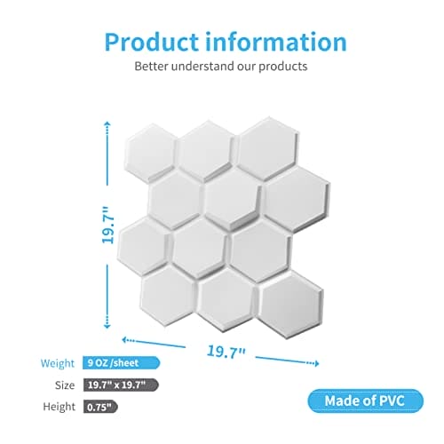 Art3d Textures 3D Wall Panels White Hexagon Design Pack of 12 Tiles 25.5 Sq Ft (PVC) MEGA