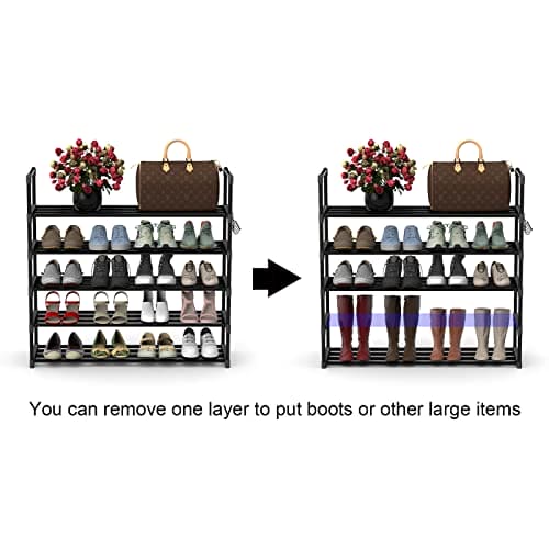 Hsscblet 5 Tiers Metal Shoe Rack,Adjustable Shoe Shelf Storage Organizer with Hooks,Stackable Boot & Shoe Storage,for Entryway,Hallway,Closet,Black Hsscblet