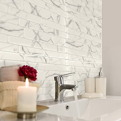 Art3d 10-Sheet Peel and Stick Backsplash, 12 in. x 12in. White Marble Design MEGA