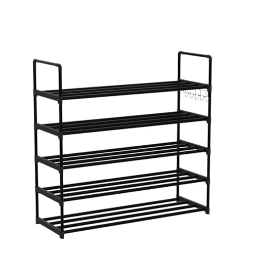 Hsscblet 5 Tiers Metal Shoe Rack,Adjustable Shoe Shelf Storage Organizer with Hooks,Stackable Boot & Shoe Storage,for Entryway,Hallway,Closet,Black Hsscblet