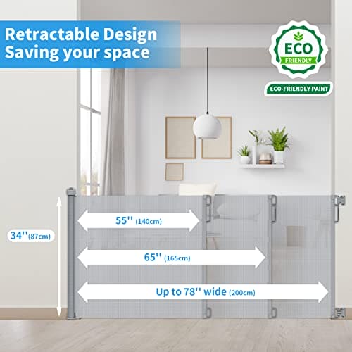 78 Inch Extra Wide Retractable Baby Gate for Large Opening Child Safety Indoor/Outdoor Retractable Mesh 34" Tall for Doorways, Stairs, Hallways, Gray EBUYSTT