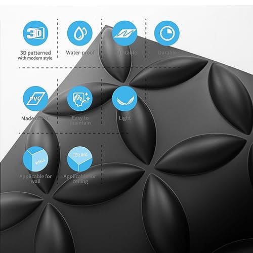 Art3d Texture 3D Wall Panels, PVC Wall Panels for Interior Wall Decor Pack of 12 Tiles 32 Sq Ft, Black, 19.7"x19.7" MEGA