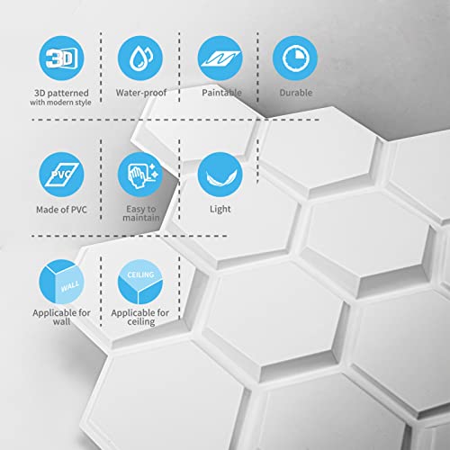 Art3d Textures 3D Wall Panels White Hexagon Design Pack of 12 Tiles 25.5 Sq Ft (PVC) MEGA