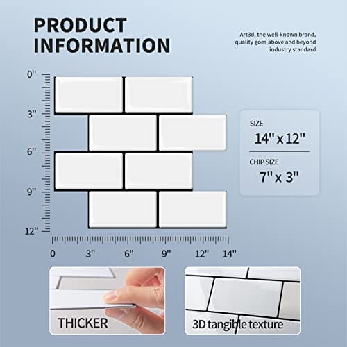 Art3d Peel and Stick Backsplash, 14x12 Subway Tiles, White Faux Ceramic Tiles (10 Tiles, Thicker Version) MEGA