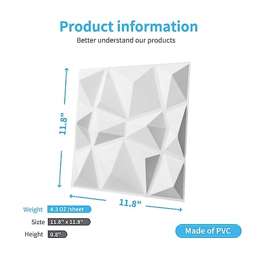 Art3d Decorative 3D Wall Panels in Diamond Design, 12"x12" Matt White (33 Pack) MEGA