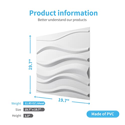 Art3d PVC 3D Panel for Interior Wall Decor, Wavy Textured Tile, 12-Pack 19.7 x 19.7in. White MEGA