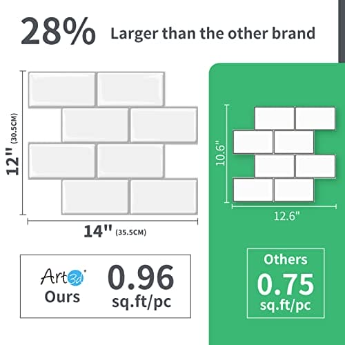 Art3d Peel and Stick Backsplash, 14x12 Subway Tiles, Faux Ceramic Tiles (10 Tiles, Thicker Version) MEGA