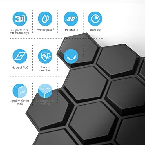 Art3d Textures 3D Wall Panels Black Hexagon Design Pack of 12 Tiles 25.5 Sq Ft (PVC) MEGA