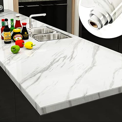 YENHOME 30x118 Inch White Marble Contact Paper for Countertops Waterproof Self Adhesive Marble Wallpaper Marble Contact Paper Peel and Stick Countertops Wrap for Kitchen Counter Glossy Marble Paper