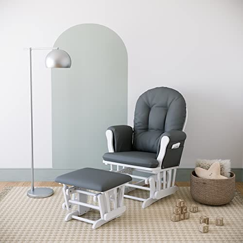 Storkcraft Premium Hoop Glider and Ottoman (White Base, Gray Cushion) – Padded Cushions with Storage Pocket, Smooth Rocking Motion, Easy to Assemble, Solid Hardwood Base EBUYSTT