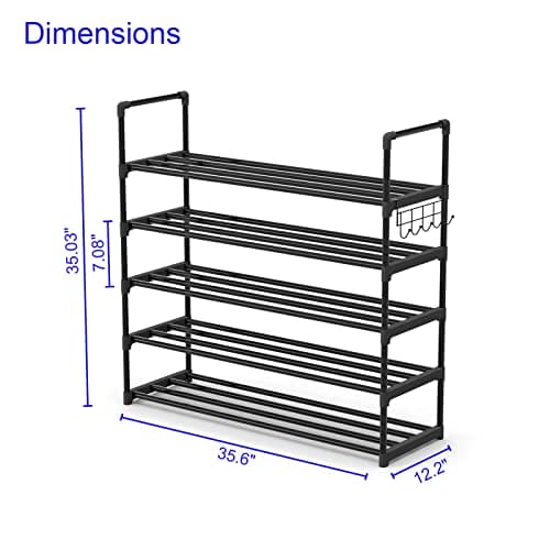 Hsscblet 5 Tiers Metal Shoe Rack,Adjustable Shoe Shelf Storage Organizer with Hooks,Stackable Boot & Shoe Storage,for Entryway,Hallway,Closet,Black Hsscblet