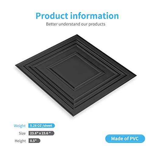 Art3d Decorative Drop Ceiling Tile 2x2 Pack of 12pcs, Glue up Ceiling Panel Square Relief in Black MEGA