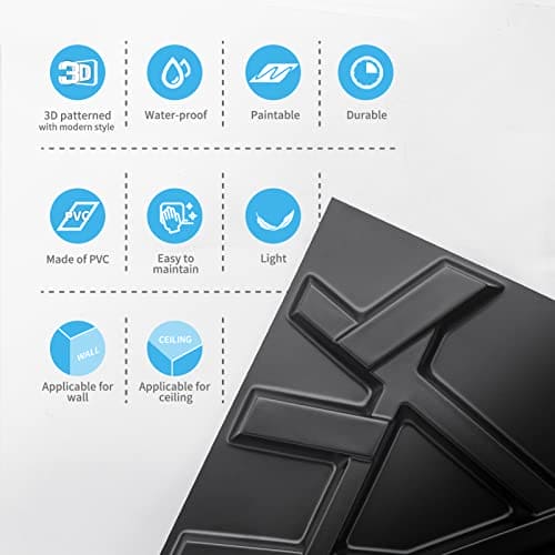 Art3d PVC Decorative Textures Black 3D Wall Panels for Interior Wall Décor, Black Wall Decor,Pack of 12 Tiles 32 Sq Ft MEGA