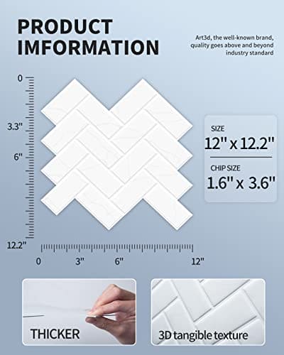 Art3d White Marble Herringbone Peel and Stick Backsplash Tiles (10 Tiles, Thicker Version) MEGA