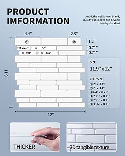 Art3d Thickened Peel and Stick Backsplash Tile Oblong in White, 10 Sheets 12x12in. MEGA