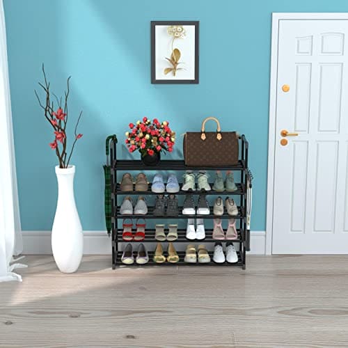 Hsscblet 5 Tiers Metal Shoe Rack,Adjustable Shoe Shelf Storage Organizer with Hooks,Stackable Boot & Shoe Storage,for Entryway,Hallway,Closet,Black Hsscblet