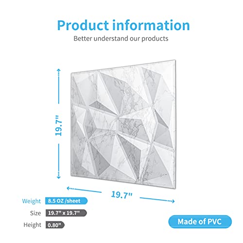 Art3d Textures 3D Wall Panels Glossy White Marble Diamond Design for Interior Wall Decor Pack of 12 Tiles 32 Sq Ft (PVC) MEGA