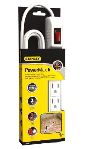 Stanley Power Max Strip 3ft White 6 Outlet all purpose power strip features 6 grounded outlets, built-in circuit breaker, and easy on/off switch.- 30006