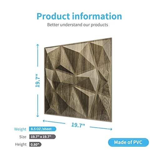 Art3d Textures 3D Wall Panels Wood Diamond Design for Interior Wall Decor Pack of 12 Tiles 32 Sq Ft (PVC) MEGA