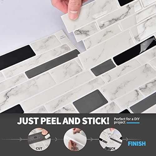 Art3d 11.8"x 11.8" Peel and Stick Vinyl Tiles, Self Adhesive Removable Stick On Kitchen Backsplash, Marble White (10-Sheet) MEGA