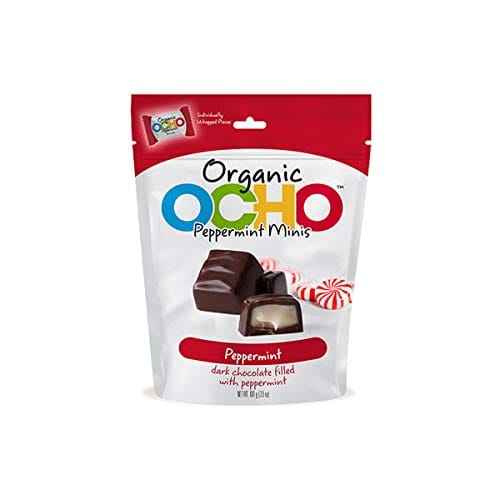 Organic Ocho Coconut,Caramel,Peppermint Minis 100g Contains eight bars with 180 calories per serving,these bite-sized treats feature rich organic dark chocolate filled with a soft, just-right-sweet organic coconut caramel or peppermint centre-81791102046