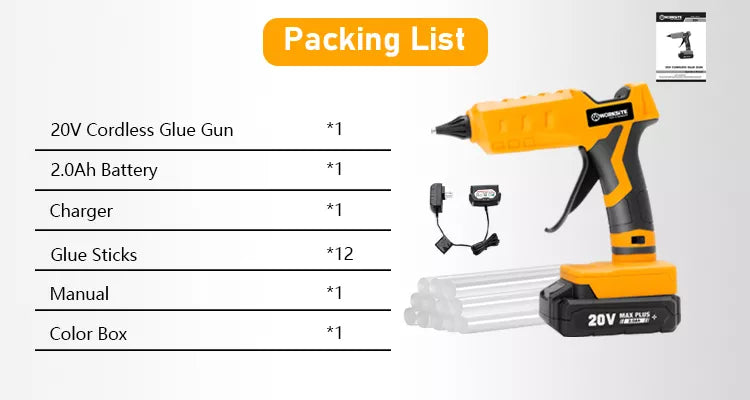  WORKSITE Cordless Hot Glue Gun, 20V 2.0 Ah Li-ion Battery  Powered Glue Gun Full Size with 12 Pcs Glue Sticks for Arts & Crafts & DIY,  Charger Included, Gray : Arts