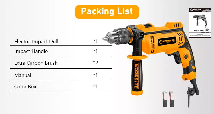 Worksite Impact Drill With Chuck Size 13mm(1/2 inches). Professional Impact Drill. Input Power - 750Watts Impact Drill, Adjustable Speed, Reversible - Voltage: 110-120Volts~,50/60Hz, No-load speed:0-3000/min - EID402 Worksite Power Tools