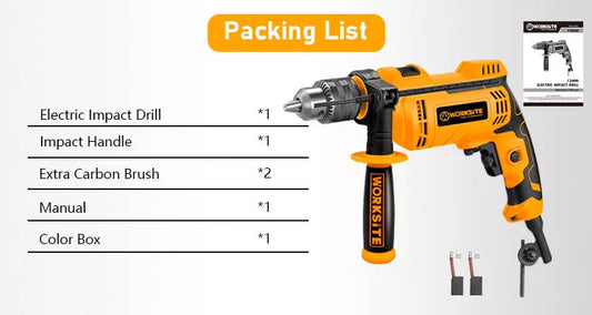 Worksite Impact Drill With Chuck Size 13mm(1/2 inches). Professional Impact Drill. Input Power - 750Watts Impact Drill, Adjustable Speed, Reversible - Voltage: 110-120Volts~,50/60Hz, No-load speed:0-3000/min - EID402 Worksite Power Tools
