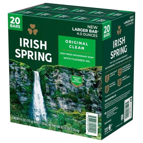 Irish Spring Deodorant Soap, 20 pack  113 g  20 X 113 G Large Bars - Washes away bacteria on body and can be used to wash your hands if you run out of hand soap. Paraben free bar soap, gluten free, and made without phthalates - 273680 dayana sifontes