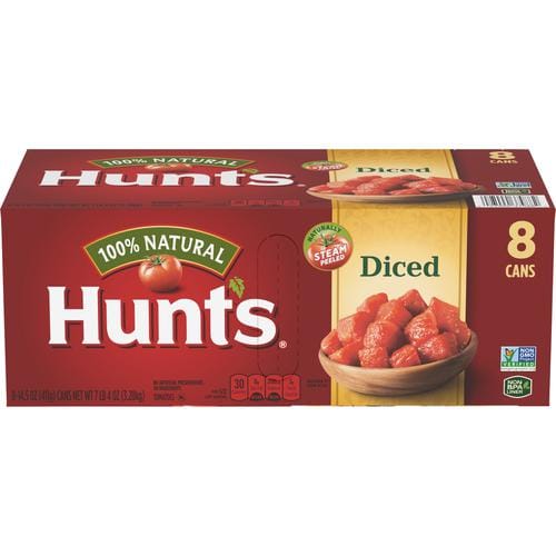 Hunt's Diced Tomatoes 8 Units / 411 g / 14.25 oz Enjoy the delicious taste of Hunt's chopped tomatoes. The flavor of Hunt's plant-ripened tomatoes enhances pizzas, casseroles, stews and chili con carne-176219 Hannah's Variety Store