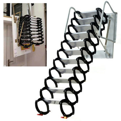 Anqidi 11.48Ft Folding Loft Ladder 12 Steps Wall Mounted Pulldown Al-Mg Alloy Attic Ladder Retractable Access Stairs (Black / White)